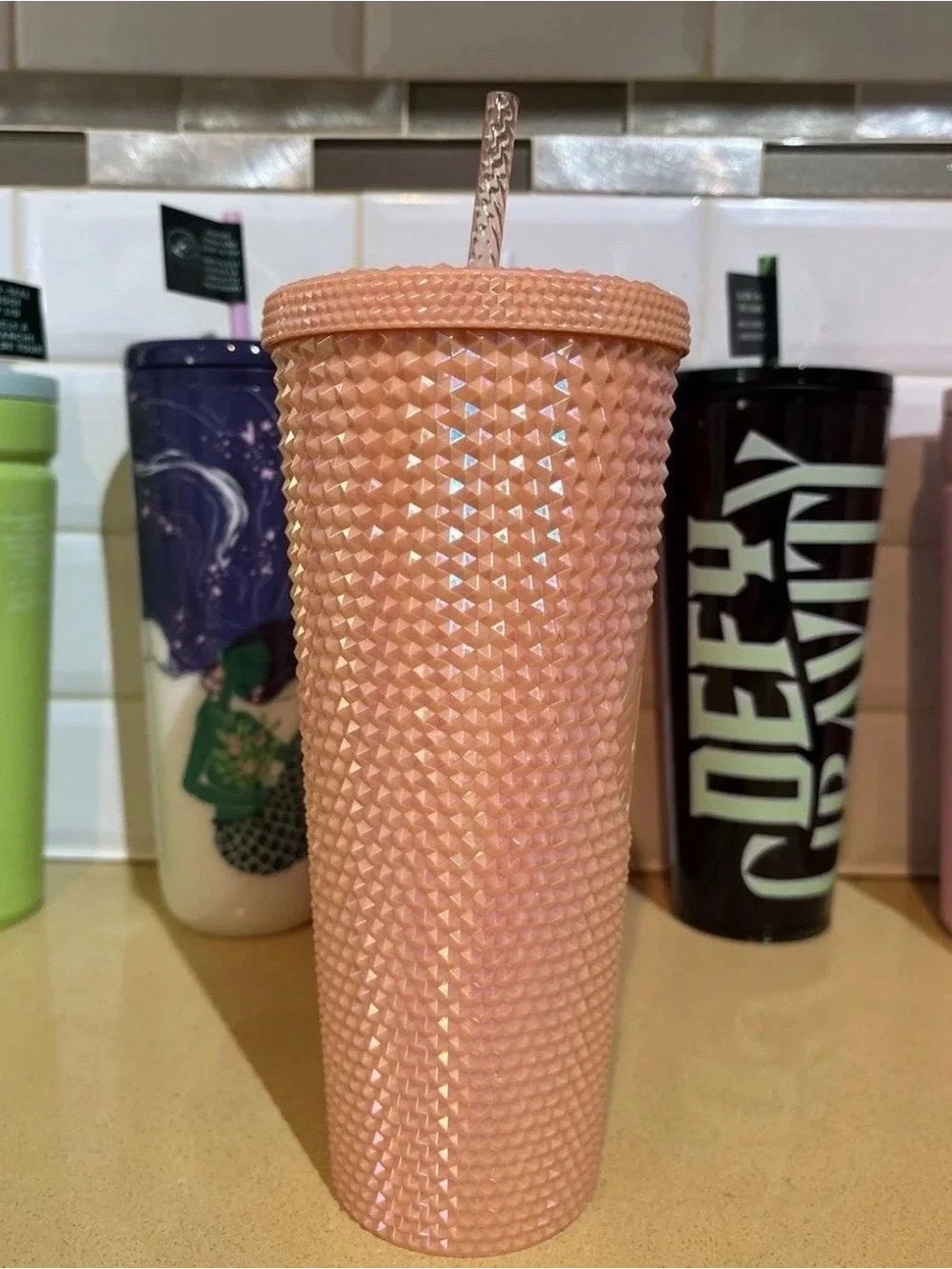 Starbucks 24oz Studded Tumbler Peach Pink Iridescent Venti Cold Cup Straw 2024